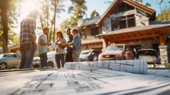 Blueprints and group of homeowners planning a diy carport project in front of a modern suburban house