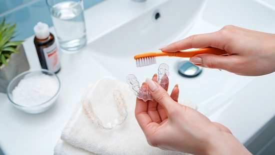 Hands gently brushing a clear Invisalign aligner over a towel, with baking soda, hydrogen peroxide, and water nearby—expert tips for keeping aligners clean and clear