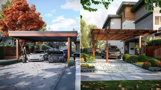 Side-by-side view of two modern DIY carport kits at different homes, showing design, cars, and landscaping for price comparison