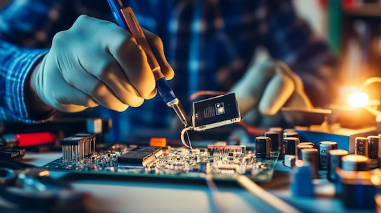 Gloved hands assembling diy ltc project circuit board with tools for safe project execution