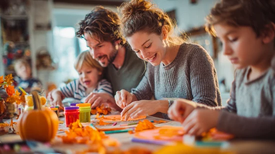 Family enjoying Thanksgiving DIY projects, making crafts with kids using orange leaves, paint, and autumn decorations at a festive table.