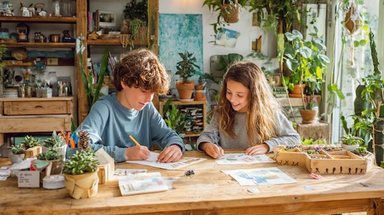 Two tweens happily working on creative projects for tweens at a bright, organized wooden table, surrounded by plants, craft supplies, and motivational notes.