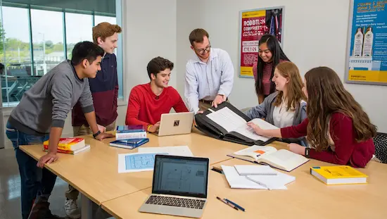 Mechanical engineering students and mentor collaborating on projects and study tips at a bright classroom table.