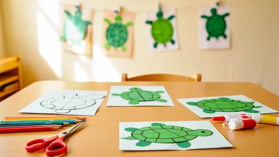 Turtle craft preschool printable templates, colored pencils, and glue on a classroom table, with finished turtle crafts hanging in the background.