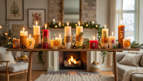 Displaying your advent candle DIY creations with decorated candles, numbers, twine, pinecones, and dried oranges in a cozy living room