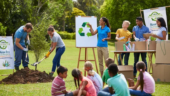 Rose Eco Projects Ltd. hosting a community outreach event, with adults and children planting trees, sorting recyclables, and learning about sustainability outdoors