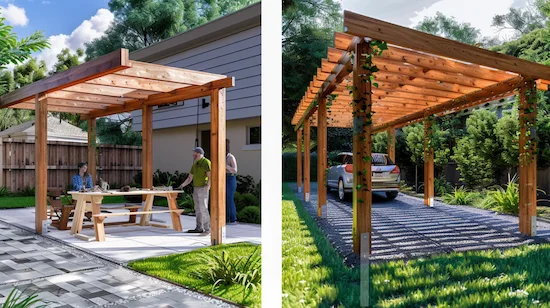 Step-by-step diy carport build guide, showing real people constructing a wooden carport, with finished carport and car parked in a green backyard.