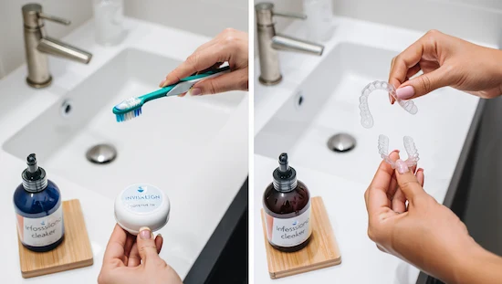 Split image showing common mistakes with Invisalign cleaner on one side and using professional Invisalign cleaning solution correctly on the other
