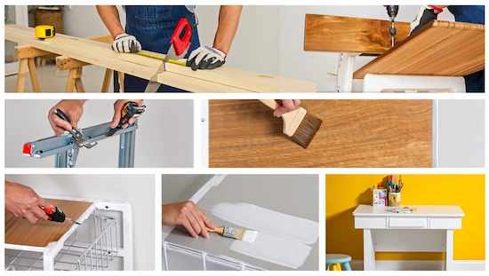 Step-by-step diy kid craft desk guide: measuring, cutting, assembling, painting, and finished desk.