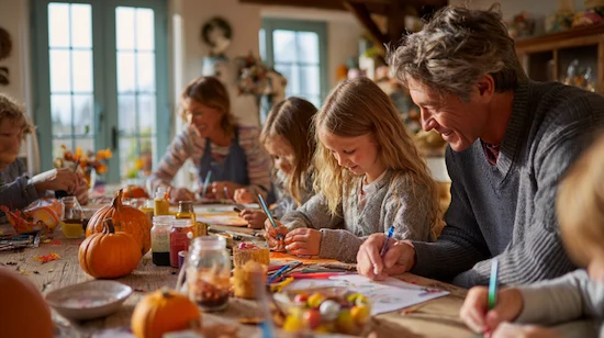 Kids and parents enjoying Thanksgiving DIY projects, making creative crafts with pumpkins, autumn leaves, and art supplies around a table.