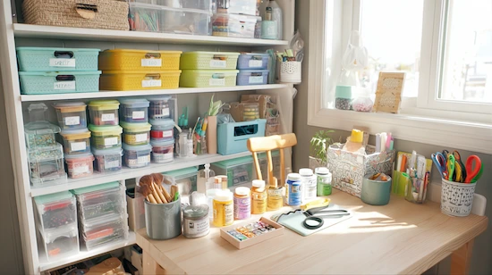 A nursery workspace with essential tools and supplies for diy nursery projects, including non-toxic paint, scissors, brushes, and organized storage bins