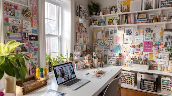 A bright, organized DIY craft space for tweens featuring inspiration boards, books, a laptop open to YouTube, and colorful art supplies for creative projects.
