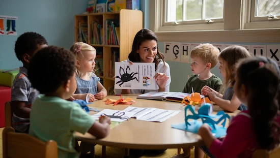 Teacher with preschool children sharing FAQs and resources for spider craft preschool at a round classroom table
