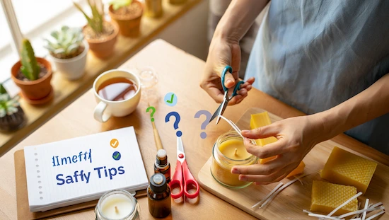 Tips, safety, and FAQs about advent candle DIY with hands trimming wicks, a safety checklist, eco-friendly wax, and crafting supplies in sunlight
