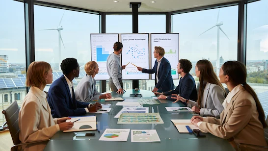 Business leaders in a boardroom analyzing 2025 climate action reports, with digital charts, solar panels, and wind turbines in the background symbolizing corporate sustainability