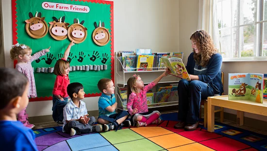 Children enjoying a cow preschool craft display and listening to a farm book during storytime in a colorful classroom.
