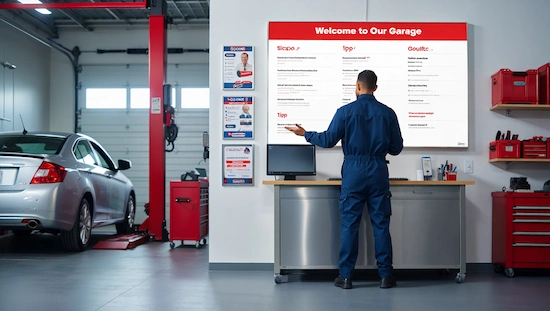 Staff member sharing important tips at a diy auto garage rental near me, standing by a welcome board and a rental desk in a clean, organized garage with tools and a car in the service bay.