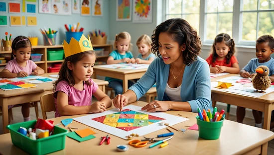 Teacher helping a child with letter q crafts for preschoolers, showing a quilt project and Q crown in a bright, creative classroom.
