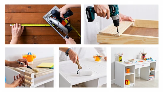 Hands assembling, painting, and finishing a diy kid craft desk, shown in clear step-by-step images.