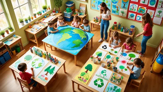 Children collaborating on earth day craft preschool projects, creating Earth murals and recycling posters in a colorful classroom.

