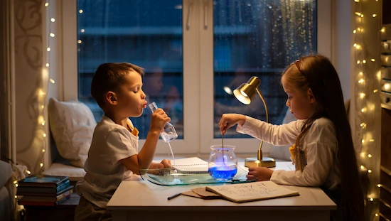 Two children explore diy potions for kids at a cozy window seat, blowing bubbles and stirring glowing mixtures on a rainy evening at home.
