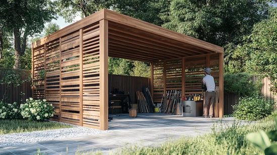 DIY carport maintenance with tools and homeowner in backyard