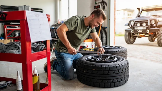 Man tightening bolts on diy beadlock wheel in home garage, maintenance checklist on red cart

