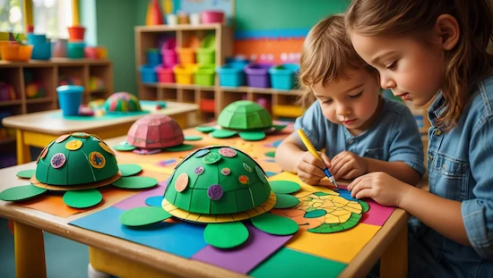 Quick and colorful turtle craft preschool projects with foam and stickers, clearly shown on a classroom table, with kids creating crafts together.
