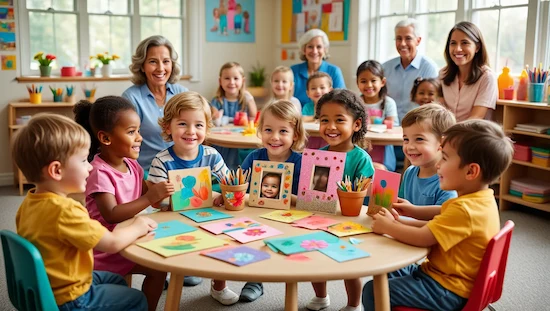Children sharing craft for grandparents day preschool, showing handmade cards and photo frames to grandparents in a happy classroom.