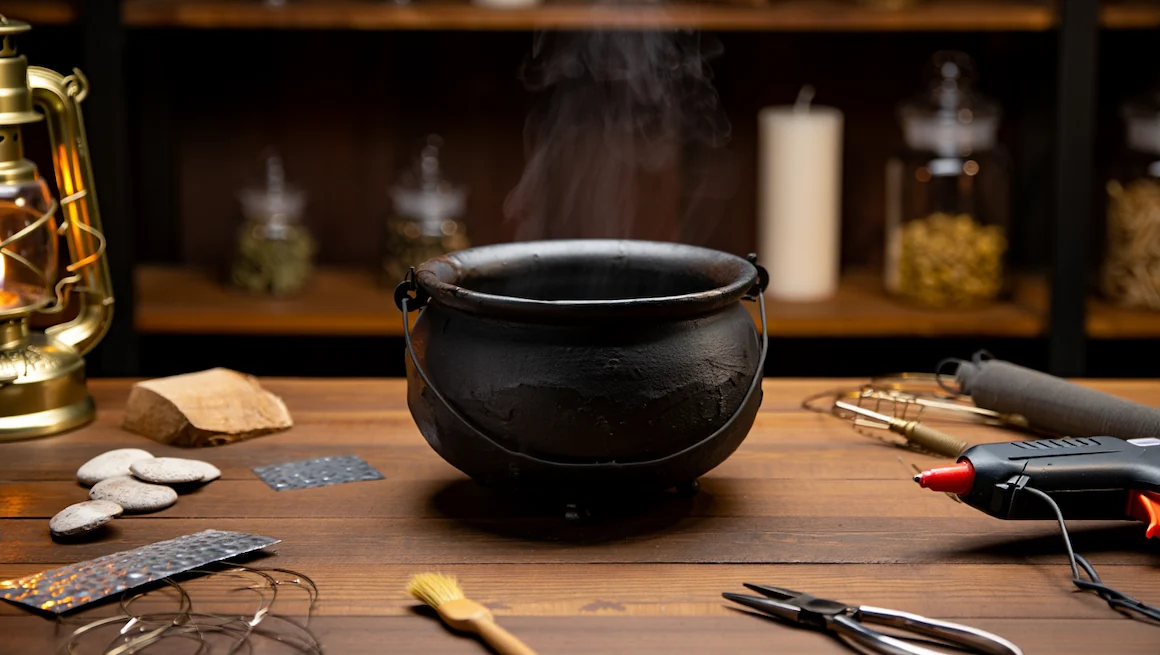 Easy DIY cauldron project for kids featuring a black cauldron, crafting tools, and supplies on a wooden table, perfect for crafts.