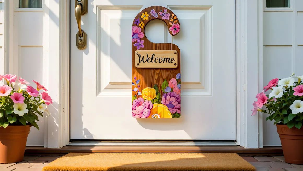 DIY door hanger with floral design and Welcome sign displayed on a white door, perfect for creating a beautiful entryway decor look.