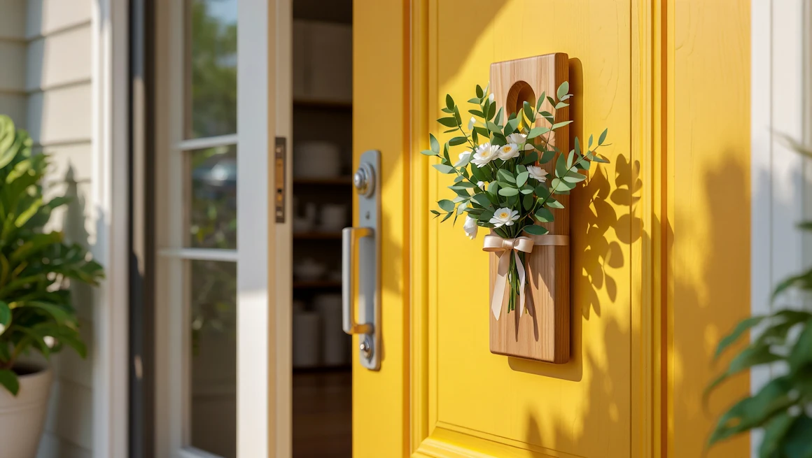Handcrafted door hanger diy with white daisies and greenery on a yellow front door, perfect for stylish home entryways.