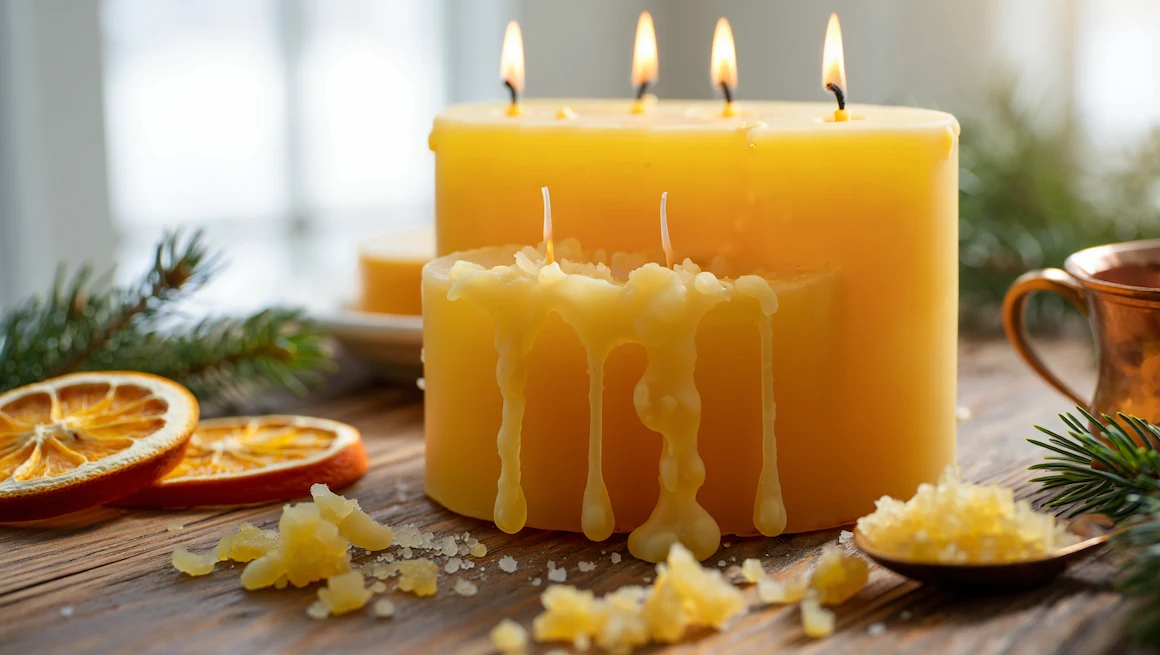 Eco-friendly diy advent candle centerpiece with soy candles, pine branches, and dried orange slices for sustainable holiday decor.