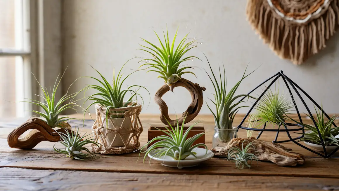 A variety of diy air plant holders displayed on a rustic wooden table, featuring macrame, wood, glass, and geometric metal designs.