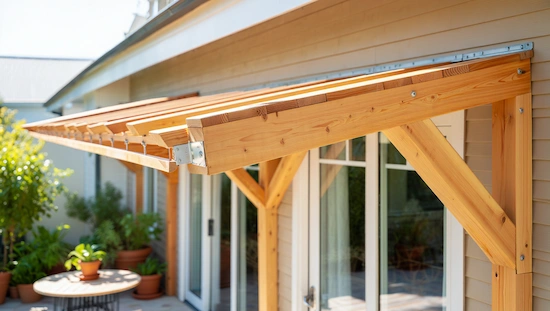 Elegant wooden DIY awning with sturdy beams and brackets above patio doors, highlighting functional and durable home design.