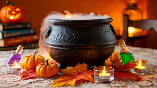 Easy DIY cauldron surrounded by pumpkins, candles, and potions, creating a magical Halloween centerpiece for festive celebrations.