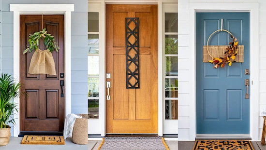 Trendy diy door hanger designs on three modern front doors, featuring farmhouse, minimalist, and eco-friendly home décor styles.