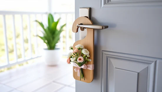 Creative door hanger diy featuring wood, blush pink and white flowers, and ribbon on a modern gray door for a stylish home accent.