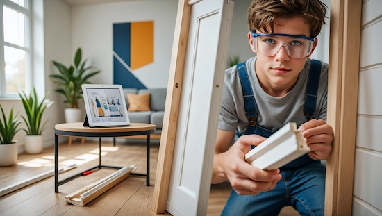 Young man in safety goggles installing diy door trim molding with tablet guide, modern living room and plants in bright, trendy space.