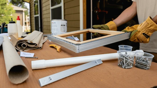 Basics of a DIY awning workspace showing aluminum frame, PVC pipe, fabric, screws, and tools for building a strong diy awning.