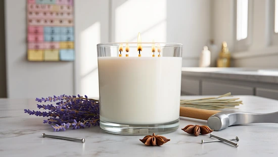 Glass diy advent candle centerpiece with multiple flames, lavender sprigs, and star anise, perfect for a modern home holiday decor.


