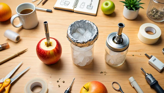 DIY bong ideas shown with an apple bong, ice jar bong, and mason jar bong on a craft table for beginners.