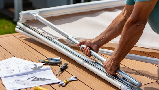 Person assembling diy retractable awning kits, joining aluminum rods and fabric, with tools and instruction manual on a wood patio table.