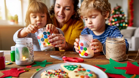 Family making festive diy advent candle crafts with kids, using jars, buttons, twine, and felt stars for creative holiday activities.