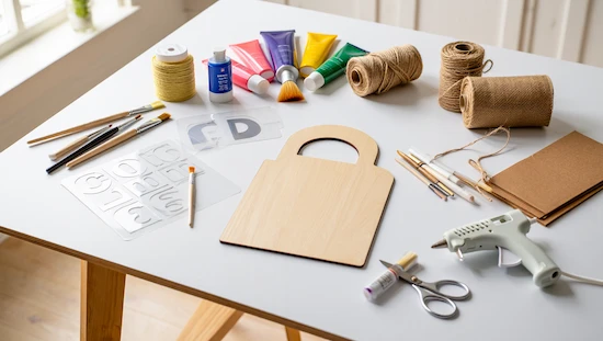 Essential diy door hanger materials and tools on a workspace, including wood blank, paints, brushes, burlap, stencils, and glue gun.