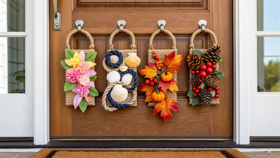 Seasonal door hanger diy set with spring flowers, seashells, fall leaves, and winter pinecones on a wooden entry door.

