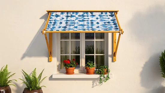 DIY Awning Ideas window project with patterned blue fabric awning, wooden frame, potted plants, and cozy sunlight, homemade and creative.