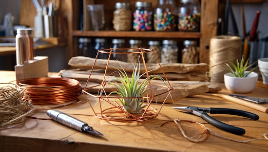 A diy air plant holder crafted from copper wire sits on a workbench, surrounded by pliers, twine, driftwood, and craft supplies.
