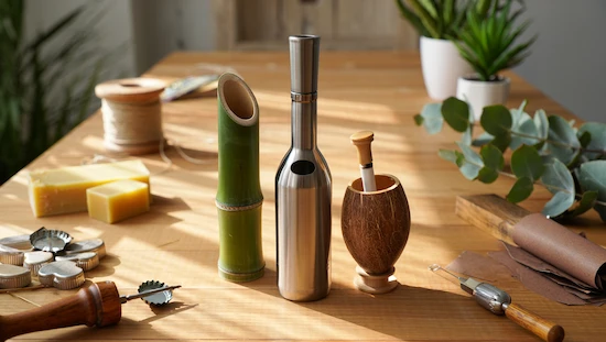 DIY bong ideas featuring eco-friendly bongs made from bamboo, stainless steel, and coconut shells, surrounded by recycled crafting tools.
