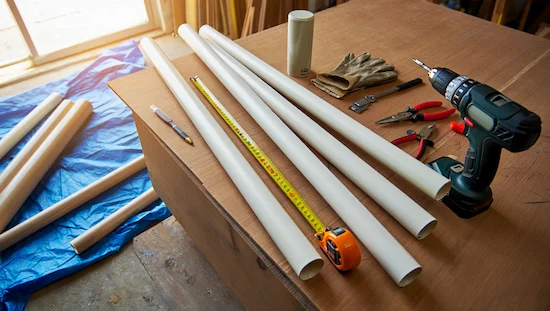 DIY Awning Ideas workspace with PVC pipes, drill, tape measure, gloves, spray paint, and tools, preparing rods for awning frame.